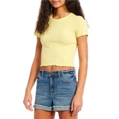 Budget ✔️ Copper Key Lettuce Edge Ribbed Knit Short Sleeve Cropped Top Yellow ????