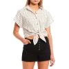 Cheapest ⭐ Copper Key Cuffed Short Sleeve Button Front Tie Hem Striped Camp ???? Shirt Snow Black ????
