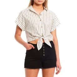 Cheapest ⭐ Copper Key Cuffed Short Sleeve Button Front Tie Hem Striped Camp ???? Shirt Snow Black ????