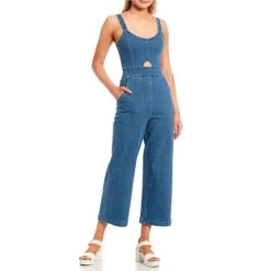 Best Sale ???? Copper Key Scoop Neck Keyhole Fitted Denim Crop Jumpsuit Medium Wash ????