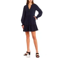 Best Pirce ???? Copper Key Plaid Long Sleeve Ruffle Hem Babydoll ???? Dress Navy ????