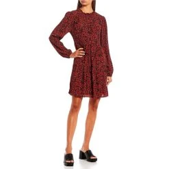 Best deal ???? Copper Key Long Sleeve Babydoll ???? Dress Red Multi ????