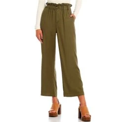 Cheapest ???? Copper Key Paperbag Waist Wide Leg Cropped Twill Pants Olive ⌛