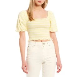 Hot Sale ???? Copper Key Puff Sleeve Smocked Stripe Crop Top Blue ????