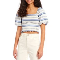 Hot Sale ???? Copper Key Puff Sleeve Smocked Stripe Crop Top Blue ???? -Copper Key Shop unnamed file 1802
