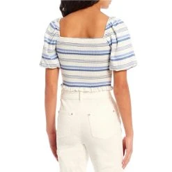 Hot Sale ???? Copper Key Puff Sleeve Smocked Stripe Crop Top Blue ???? -Copper Key Shop unnamed file 1803