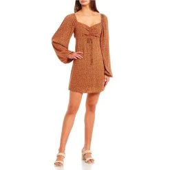 Flash Sale ???? Copper Key Blouson Sleeve Printed Cinched Front Peasant ???? Dress Rust Snow ????