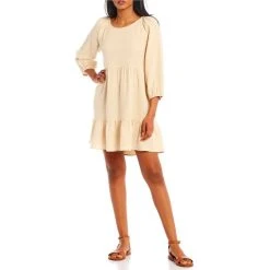 Discount ???? Copper Key 3/4 Sleeve Gauze Tiered ???? Dress Fog ????