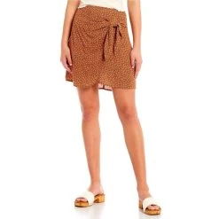 Outlet ???? Copper Key Branch Printed High Rise Faux Wrap Mini ???? Skirt Rust/snow ⌛