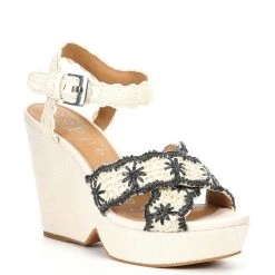 Copper Key Shop 25 Outlet ???? Copper Key Wildflower Raffia Wrapped Platform Wedges Light Natural/black ❤️