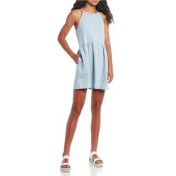 Buy ???? Copper Key Round Neck Tie Back Brushed Chambray Swing ???? Dress Light Wash ????