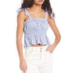 New ???? Copper Key Tie Strap Smocked Empire Tank Blouse Blue White ????