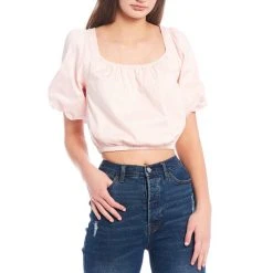 Cheap ⌛ Copper Key Puff Sleeve Elasticated Hem Crop Peasant Top Pink ????