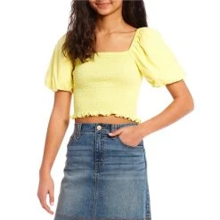 Cheap ???? Copper Key Puff Sleeve Square Neck Lettuce Hem Smocked Crop Top Yellow ????