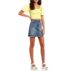 Cheap ???? Copper Key Puff Sleeve Square Neck Lettuce Hem Smocked Crop Top Yellow ???? -Copper Key Shop unnamed file 2183