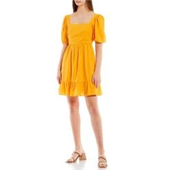 Wholesale ???? Copper Key Bow Back Short Puff Sleeve Babydoll ???? Dress Marigold ????