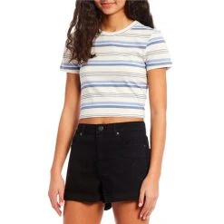 Cheapest ???? Copper Key Striped Short Sleeve Crop Tee Blue ⌛