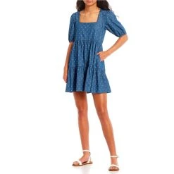 New ⌛ Copper Key Printed Chambray Square Neck ???? Dress Blue Multi ????