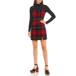 Cheap ???? Copper Key Square Neck Plaid Print Split Hem ???? Dress Red Black ????