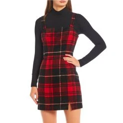 Cheap ???? Copper Key Square Neck Plaid Print Split Hem ???? Dress Red Black ???? -Copper Key Shop unnamed file 234