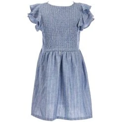 Hot Sale ???? Copper Key Big ???? Girls 7-16 Smocked Flutter Sleeve Striped ???? Dress Blue ????