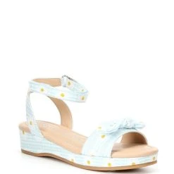 Flash Sale ✨ Copper Key ???? Girls' Dearisst Eyelet Bow Floral Gingham Flatform Wedges (Youth) Blue Multi ✔️