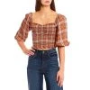 Best Pirce ✔️ Copper Key Plaid Printed Puff Sleeve Smocked Top Rust Multi ????