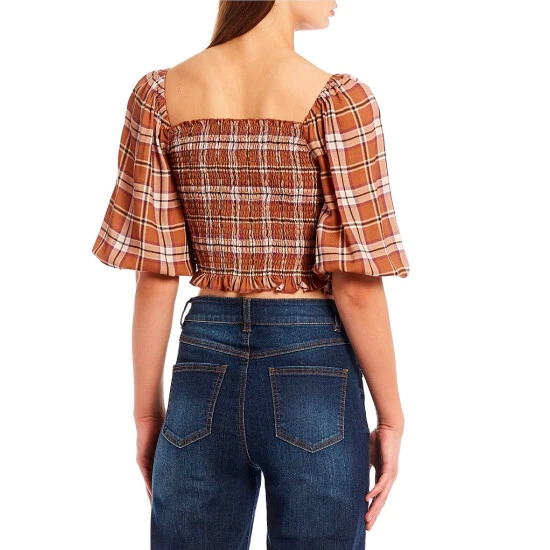 Best Pirce ✔️ Copper Key Plaid Printed Puff Sleeve Smocked Top Rust Multi ???? 2 Best Pirce ✔️ Copper Key Plaid Printed Puff Sleeve Smocked Top Rust Multi ???? - Image 2