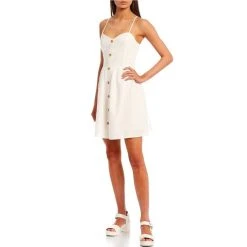 Flash Sale ⌛ Copper Key Spaghetti Strap Button Front Woven Mini ???? Dress Yellow ????