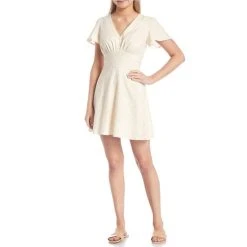 Promo ???? Copper Key Geometric Print V-Neck Flutter Sleeve ???? Dress Sand ⭐