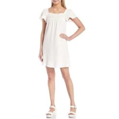 Best deal ???? Copper Key Embroidered Flutter Sleeve Tie Waist Gauze Shift ???? Dress Ivory ????