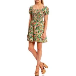 Budget ???? Copper Key Textured Puff Sleeve Smocked Floral ???? Dress Multi ????