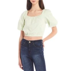 Best Pirce ???? Copper Key Gingham Short Puff Sleeve Square Neck Cropped Blouse Lime-white ????