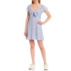 Budget ✔️ Copper Key Flutter Sleeve Tie Front Ditsy Floral Printed ???? Dress Blue White ????