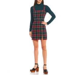 Best deal ✔️ Copper Key Square Neck Plaid Print Split Hem ???? Dress Forest Red ????