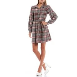 Outlet ❤️ Copper Key Long Sleeve Plaid Button Front ???? Dress Grey Multi ????