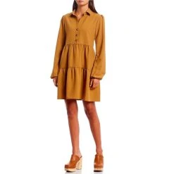 Cheap ⌛ Copper Key Button Front Tiered Collared Babydoll ???? Dress Mustard ????